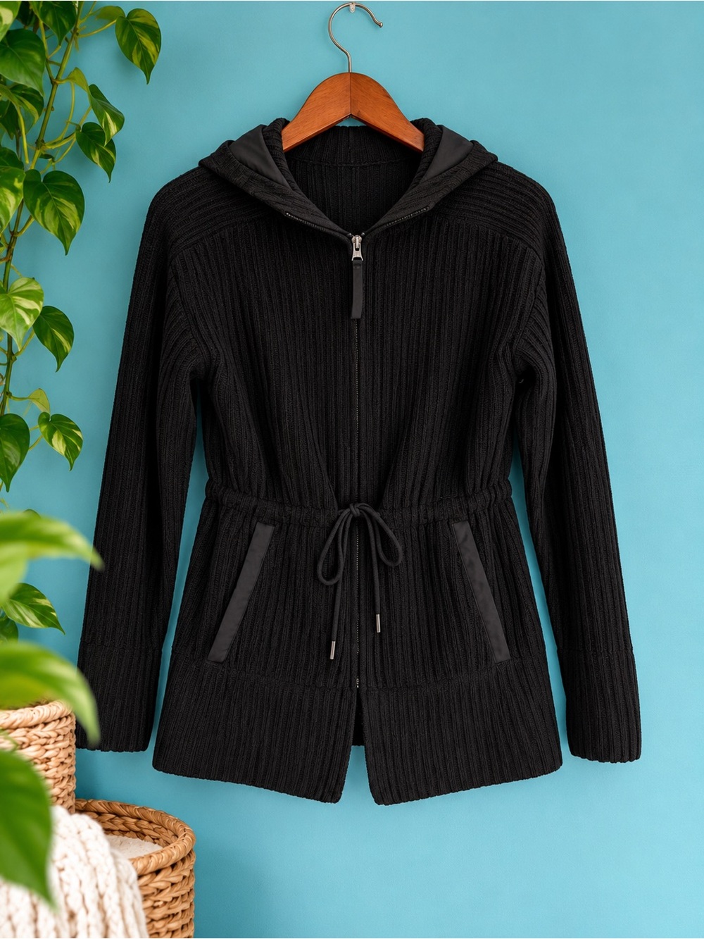 FLX Black Ribbed Zip Front Hooded Sweater Jacket Small